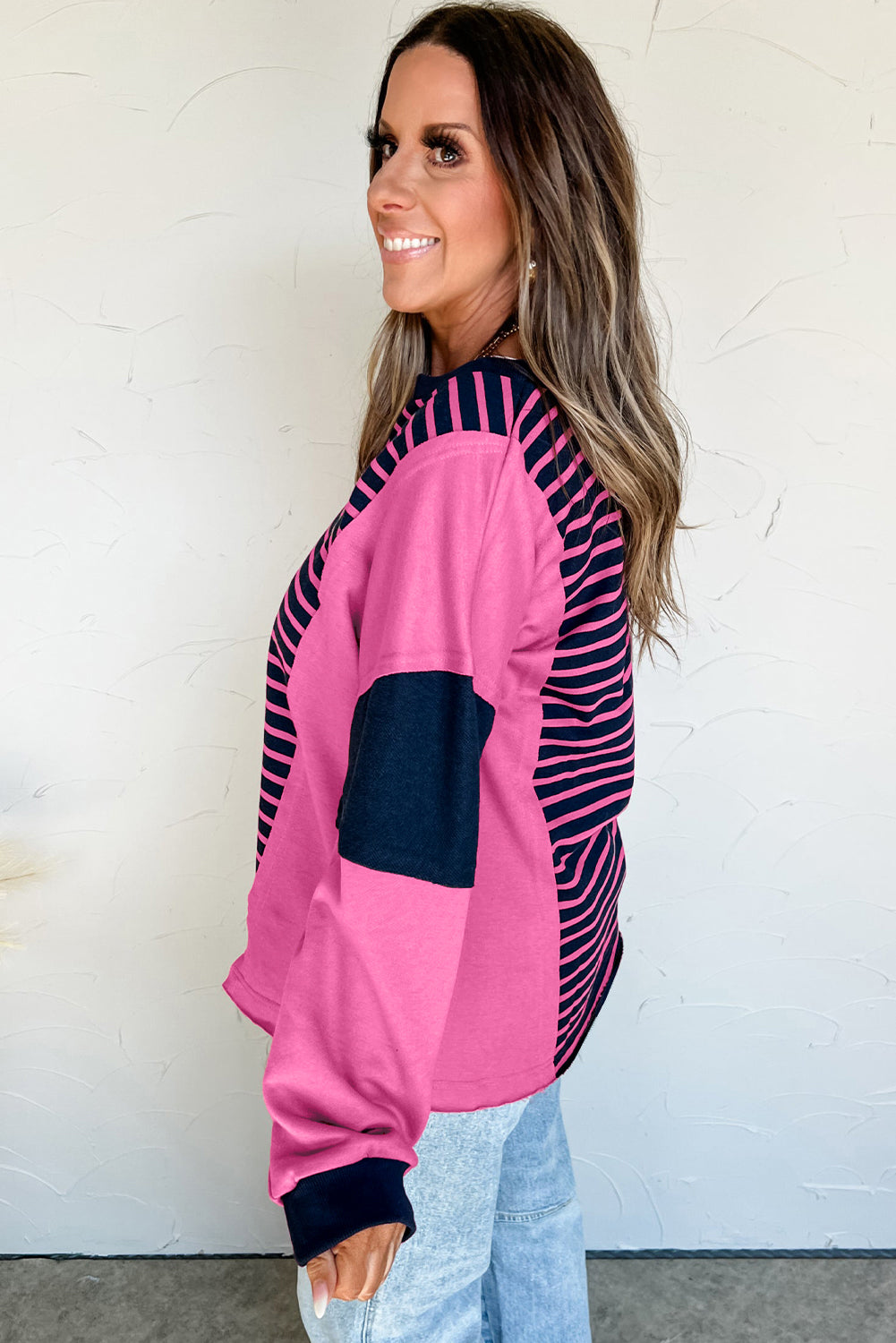 Pink Stripe V-Neck Loose Fit Long Sleeve Top - eAura
