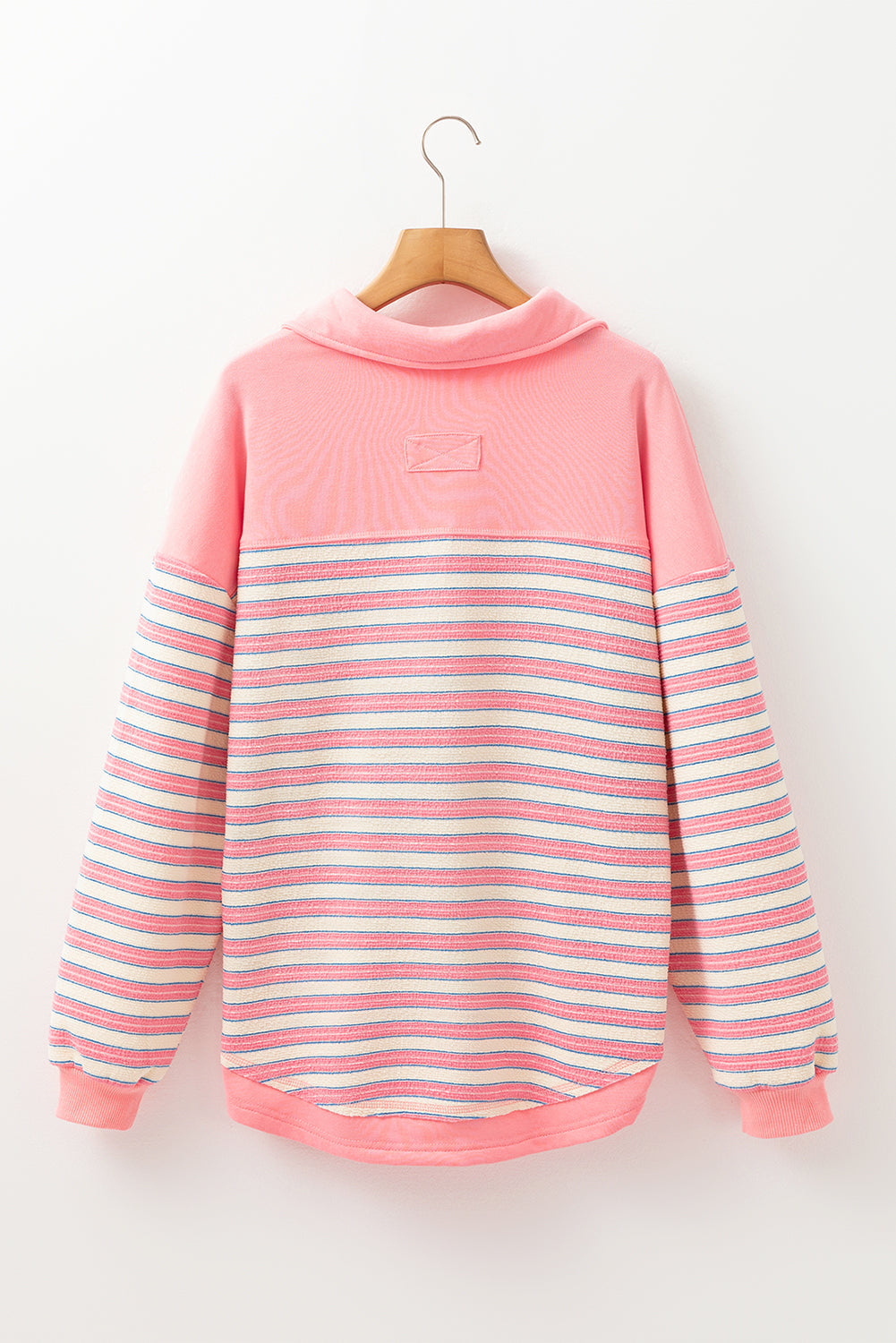 Pink Stripe Buttoned V Neck Collared Drop Shoulder Top BB Fashion Outlet
