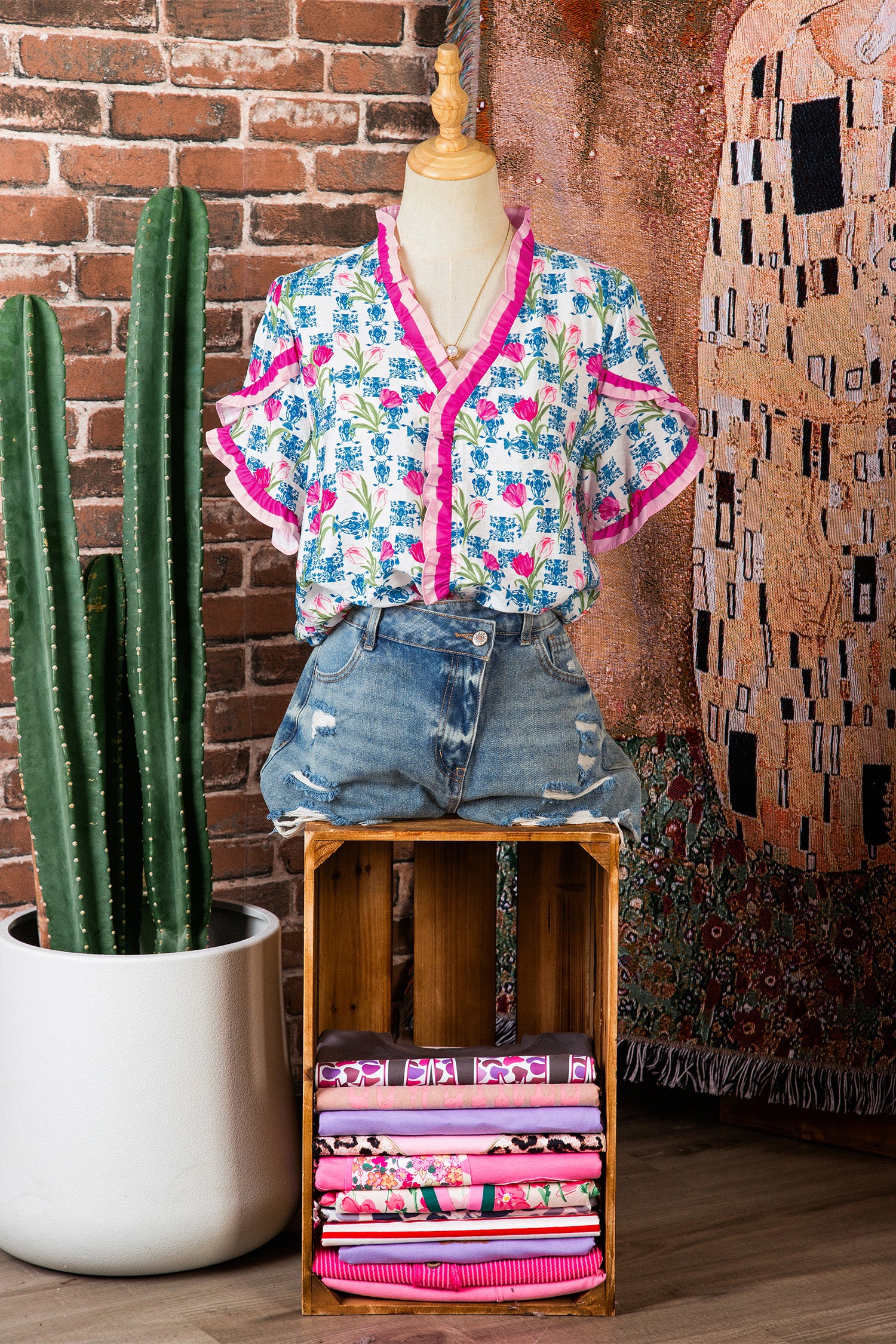Floral Print Ruffle V-Neck Short Sleeve Loose Tunic Shirt – Rose