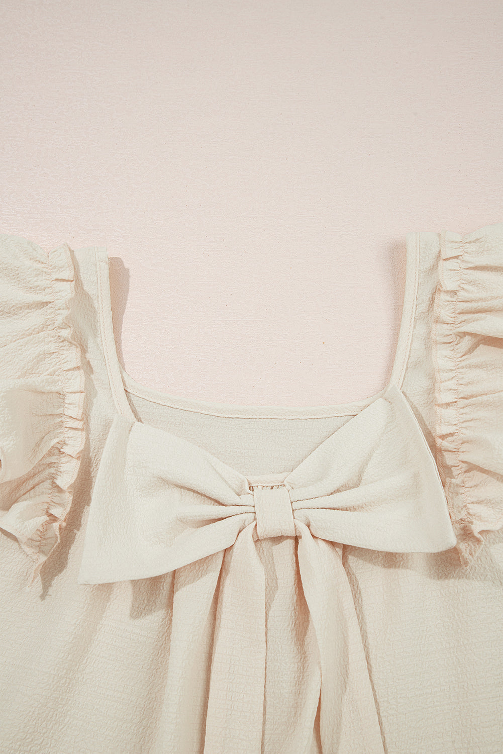 Beige Textured Bow Knot Frilled Butterfly Sleeve Blouse eAura