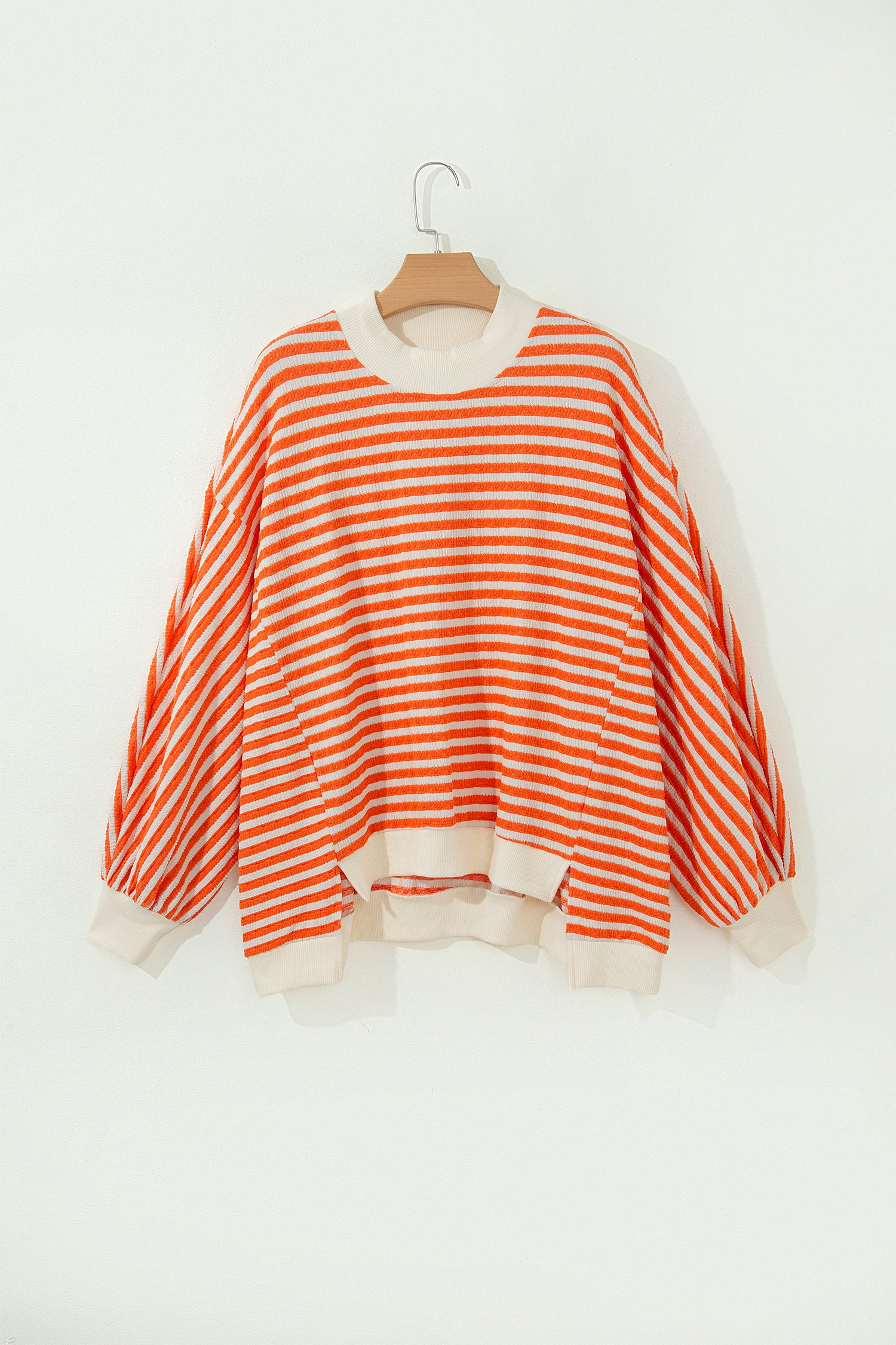 Striped Textured Stand Neck Oversized Long Sleeve Top – Orange Stripe