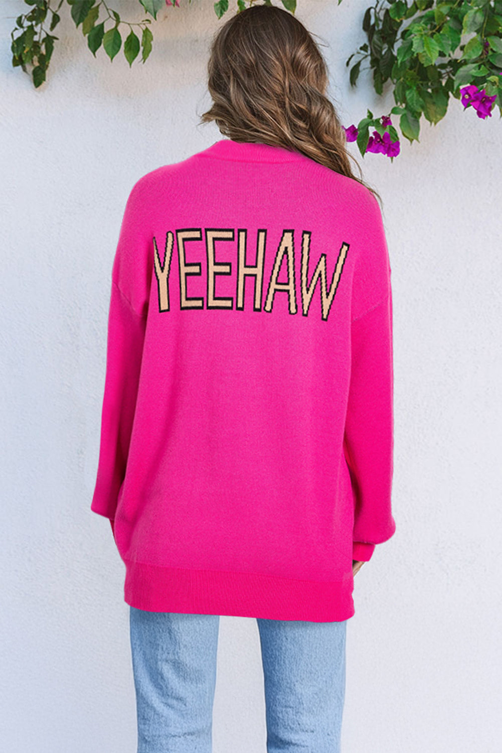 Rose Red YEEHAW Cowboy Hat Drop Shoulder Oversized Sweater eAura