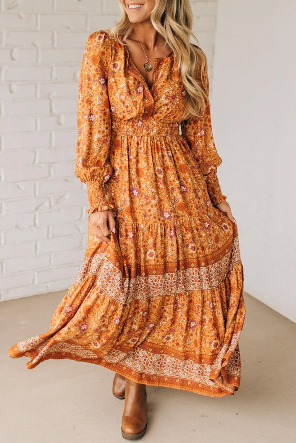 Floral Print Smocked Waist Long Sleeve Boho Maxi Dress - Orange / L - Dresses/Maxi Dresses