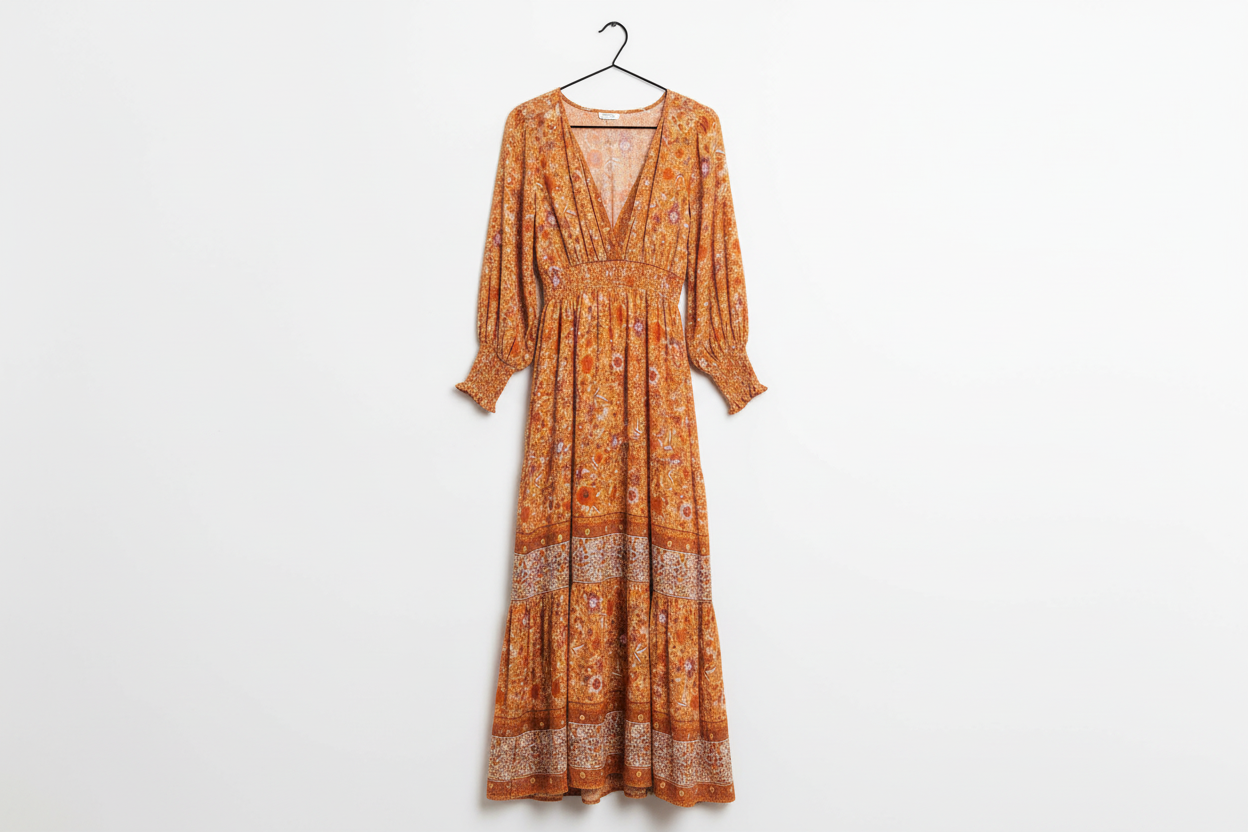 Floral Print Smocked Waist Long Sleeve Boho Maxi Dress - Dresses/Maxi Dresses