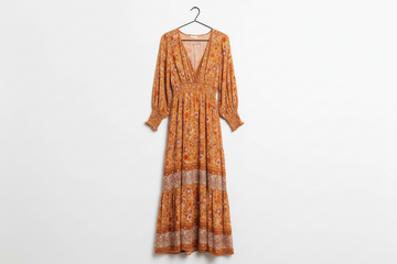 Floral Print Smocked Waist Long Sleeve Boho Maxi Dress - Dresses/Maxi Dresses
