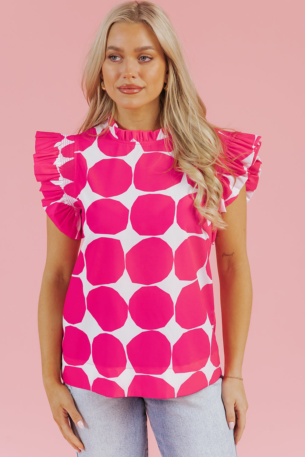 Rose Bubblegum Pattern Frilled Collar Flutter Sleeve Top eAura