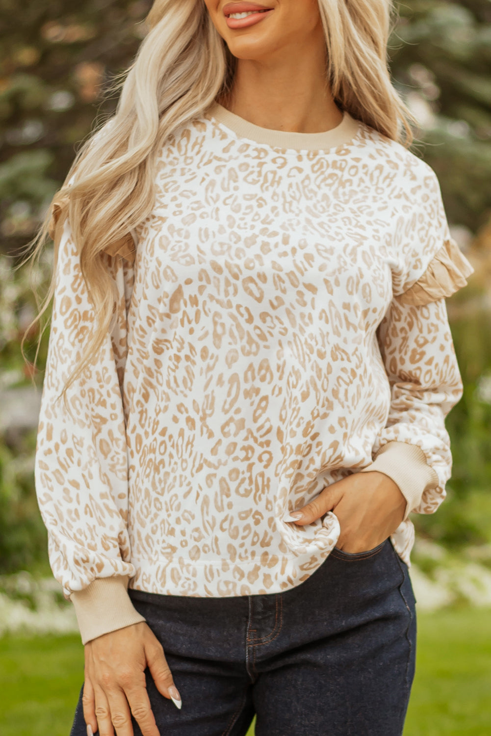 Leopard Ruffle Detail Ribbed Trim Round Neck Sweatshirt - eAura