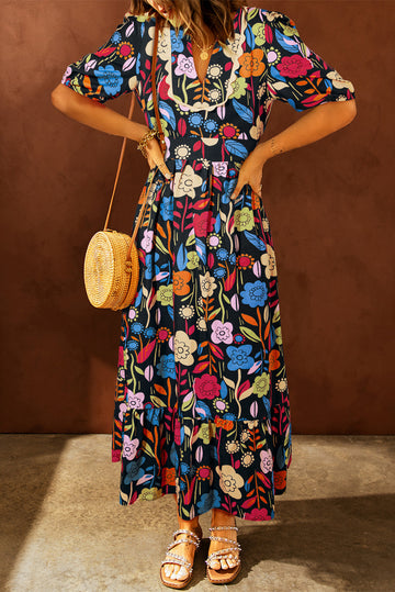 Black Retro Floral Printed Split Neck Maxi Dress BB Fashion Outlet