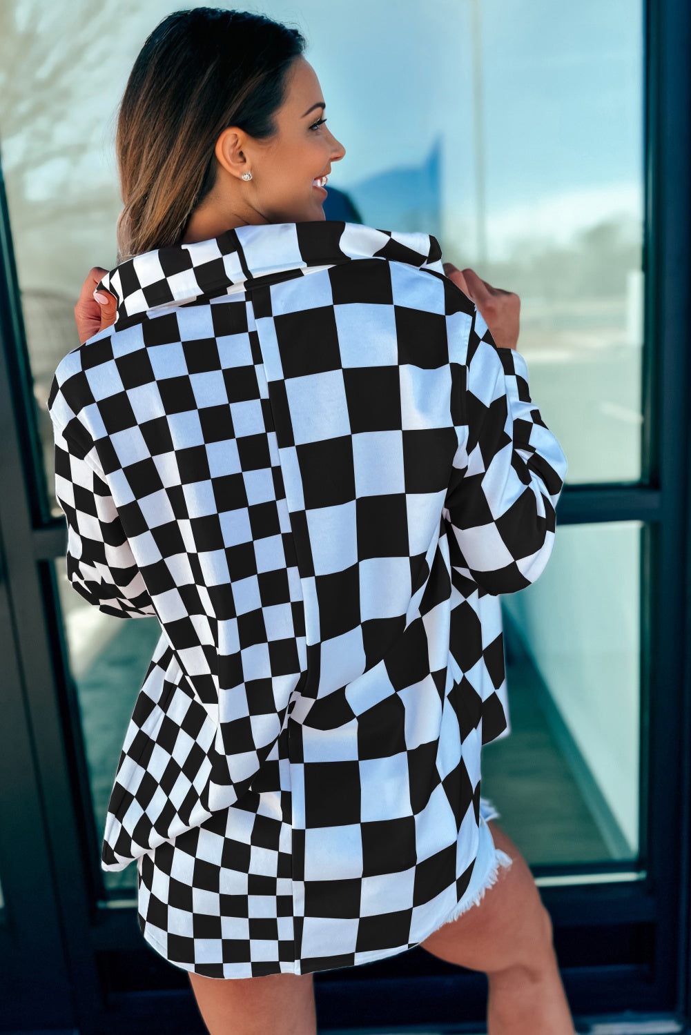 Checkerboard Flap Pocket Button Front Shacket eAura
