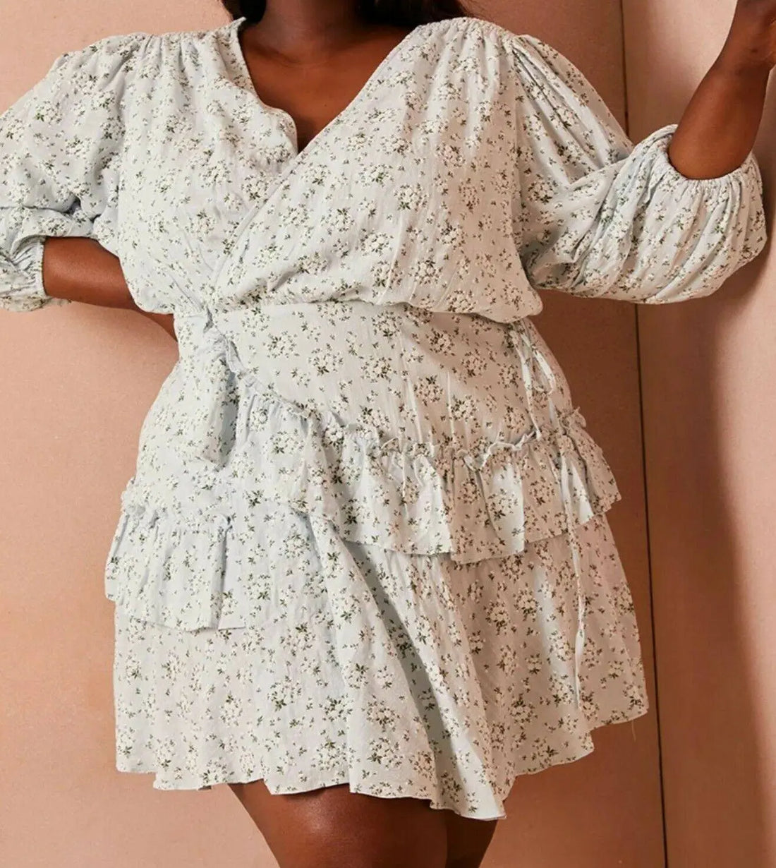 In The Style Lorna Luxe Light Blue Floral Mini Wrap Dress - BB Fashion Outlet