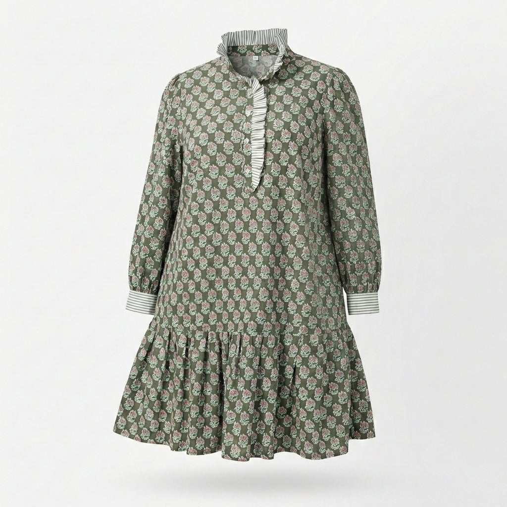 Green Contrast Striped Frilled Collar 3/4 Sleeve Plus Size Floral Dress