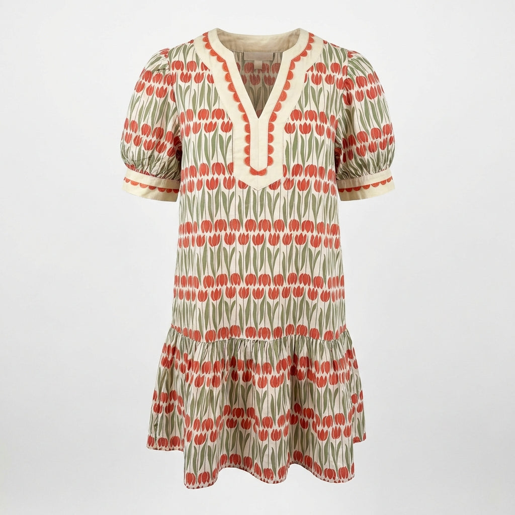 Tulip Floral Print Cotton Puff Short Sleeve Mini Dress