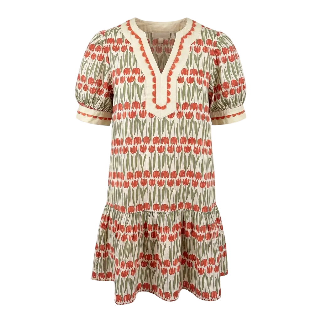 Tulip Floral Print Cotton Puff Short Sleeve Mini Dress
