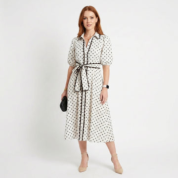 Polka Dot Printed Contrast Scalloped Trim Shirt Collar Button Down Belted Midi Dress