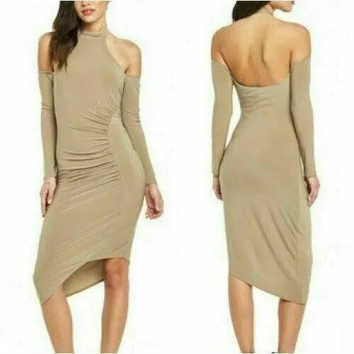 Lipsy Bodycon Halterneck Cold Shoulder Midi Asymmetric Dress Size 12 Nude - BB Fashion Outlet