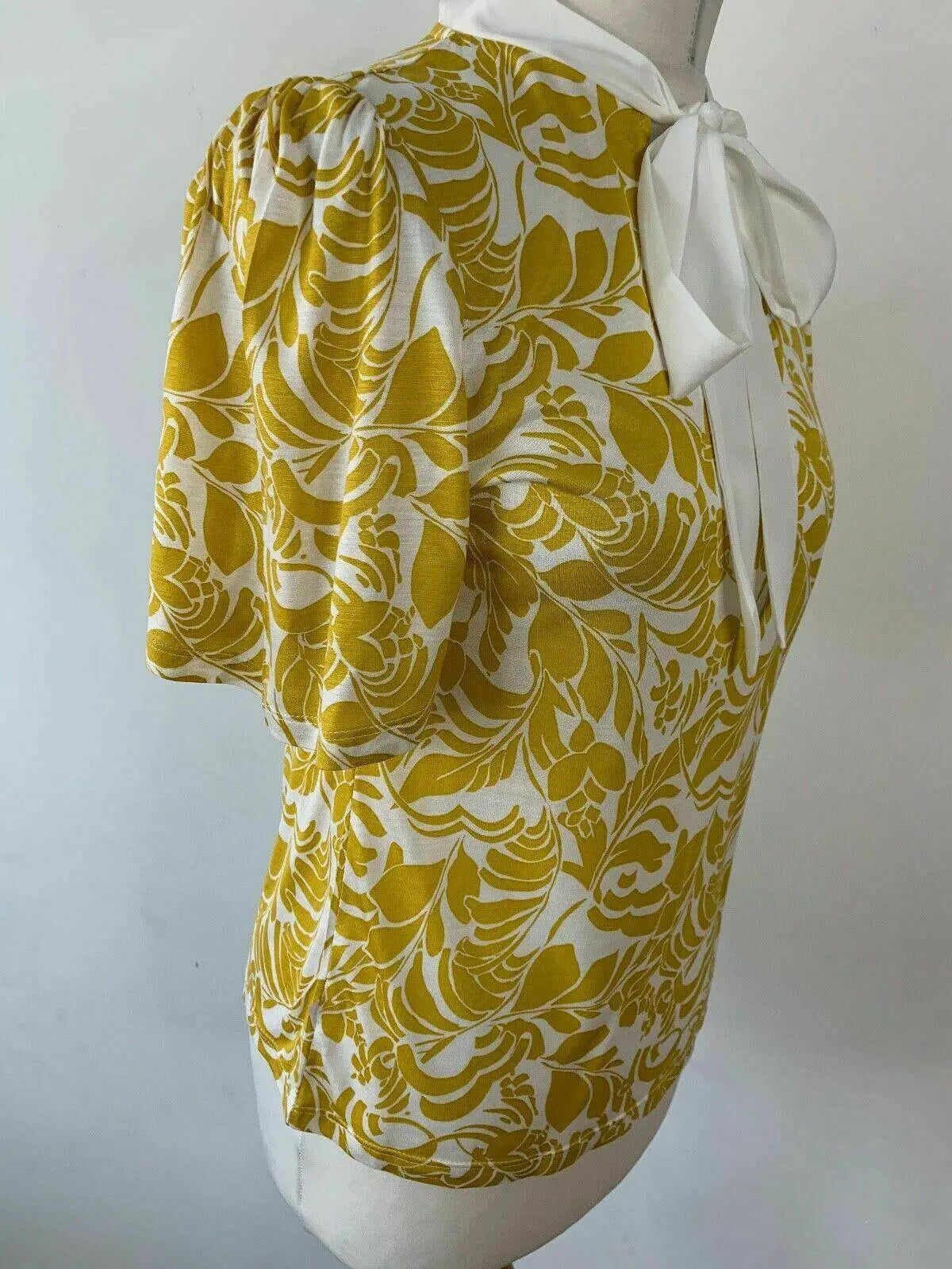 M&S Short Flared Sleeves Tie Neck Yellow Mix Top t-shirt Sizes 8 12 - BB Fashion Outlet