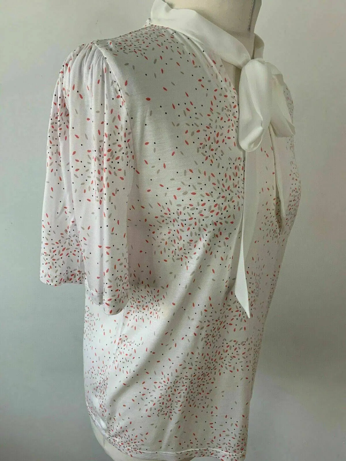 M&S Ivory Mix Tie Neck Top Size 10 Short Flared Sleeve - BB Fashion Outlet