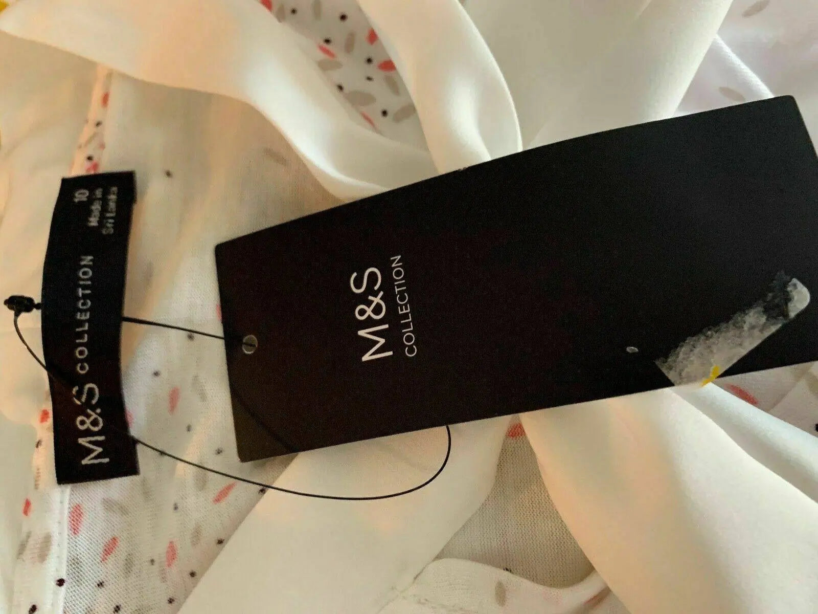 M&S Ivory Mix Tie Neck Top Size 10 Short Flared Sleeve - BB Fashion Outlet