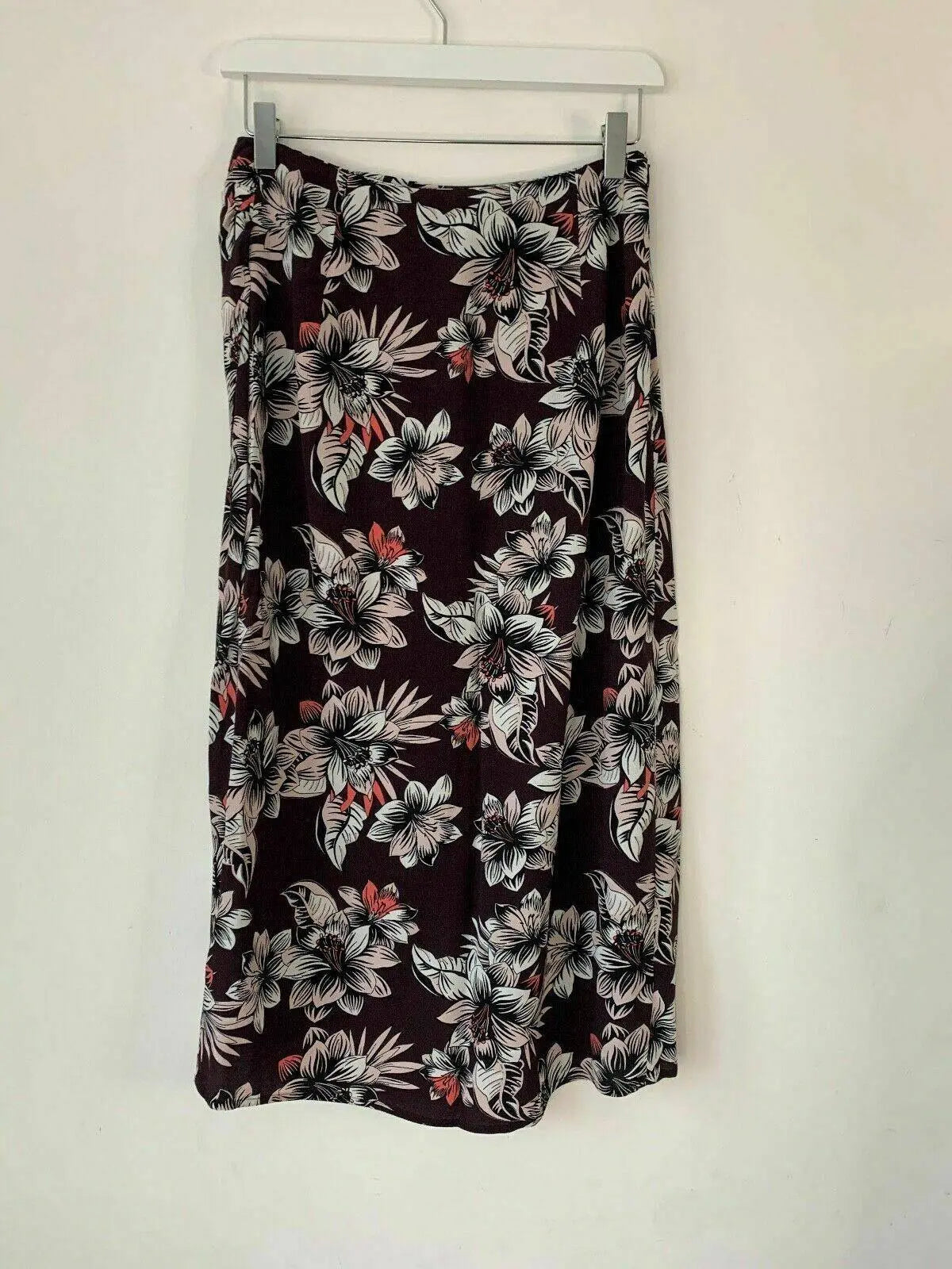 M&S Sustainable Viscose Grape Mix Floral Size 8 Faux Wrap Midi Skirt - BB Fashion Outlet