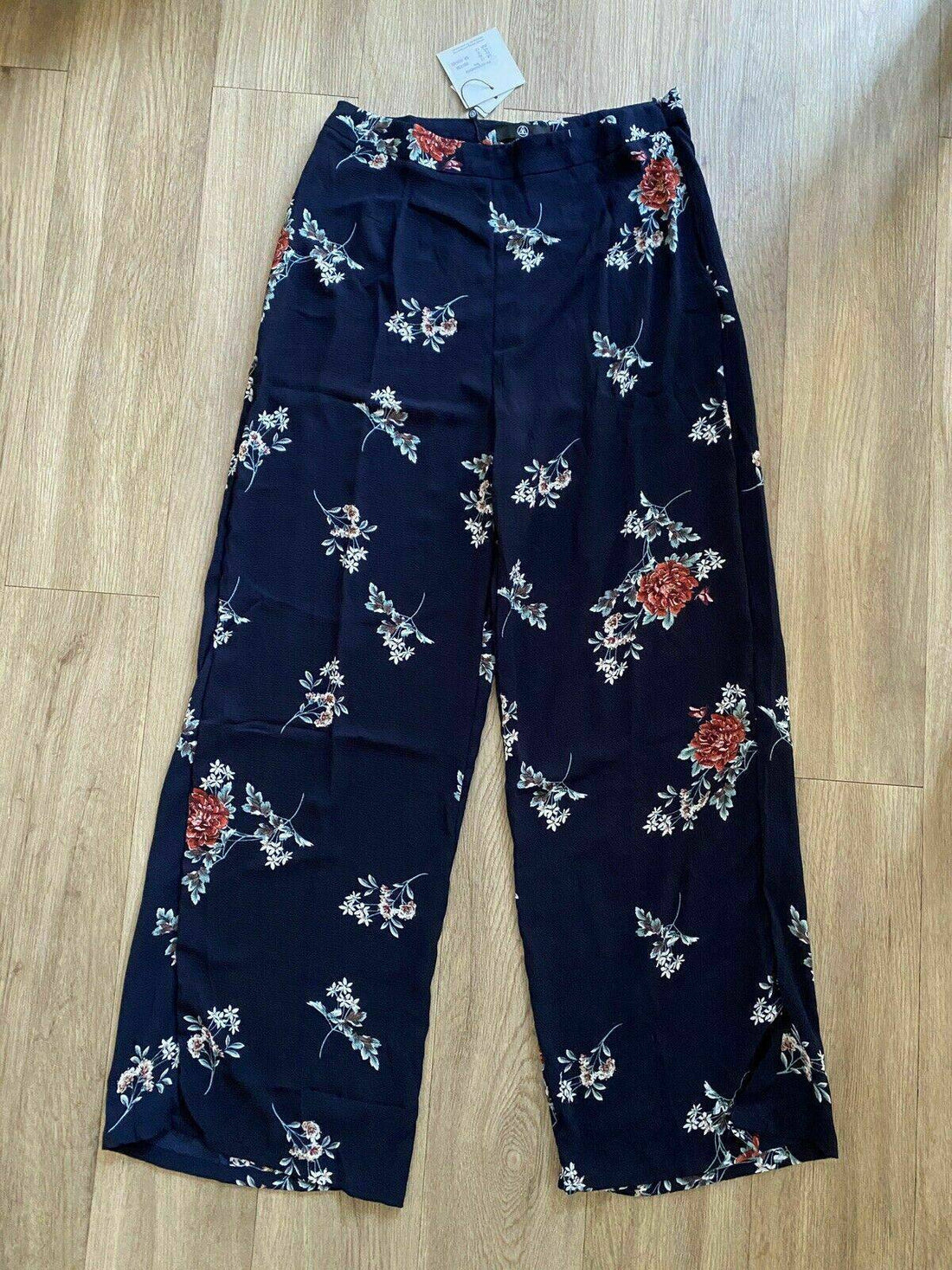 Missguided Dark Blue Floral Wide Leg Trousers Size 12 - BB Fashion Outlet