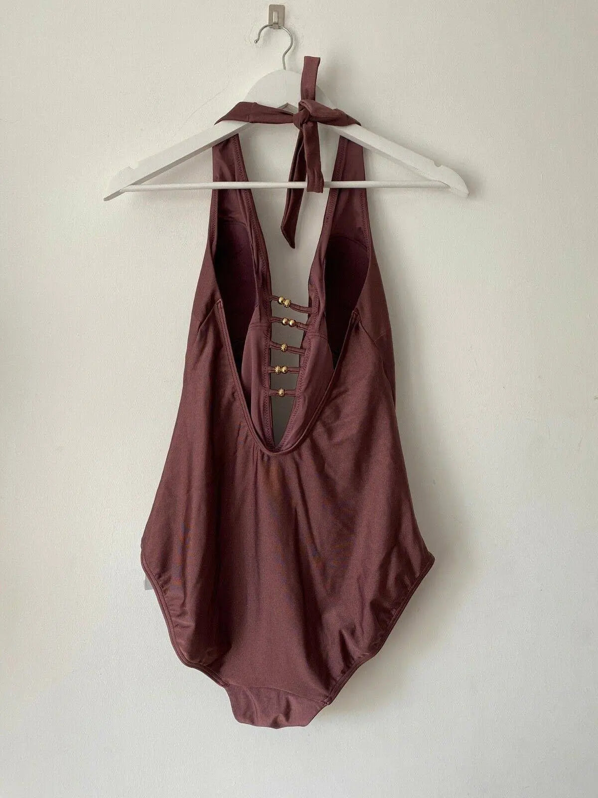 Next Berry Deep Plunge Halter-neck Swimsuit Gold Beads Detail 16, 18, 22 UK - BB Fashion Outlet
