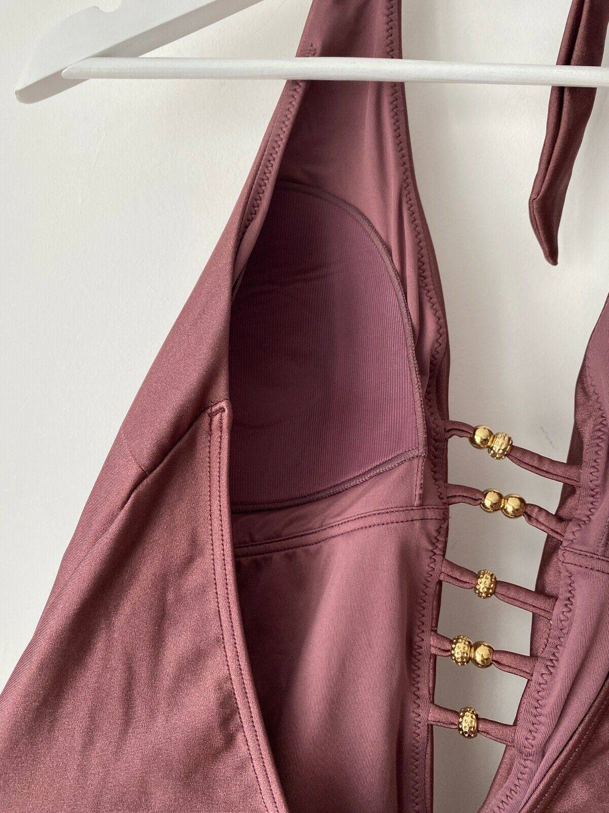 Next Berry Deep Plunge Halter-neck Swimsuit Gold Beads Detail 16, 18, 22 UK - BB Fashion Outlet
