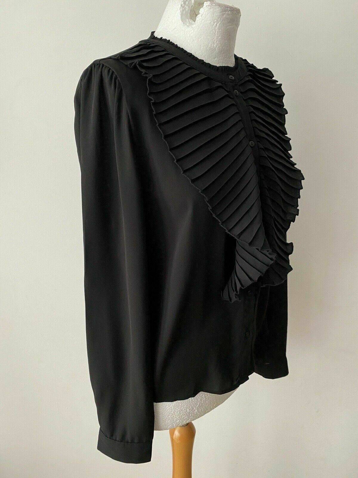 ONLY Pleat Flounce Black Shirt Size 12 Collarless RRP £38 - BB Fashion Outlet