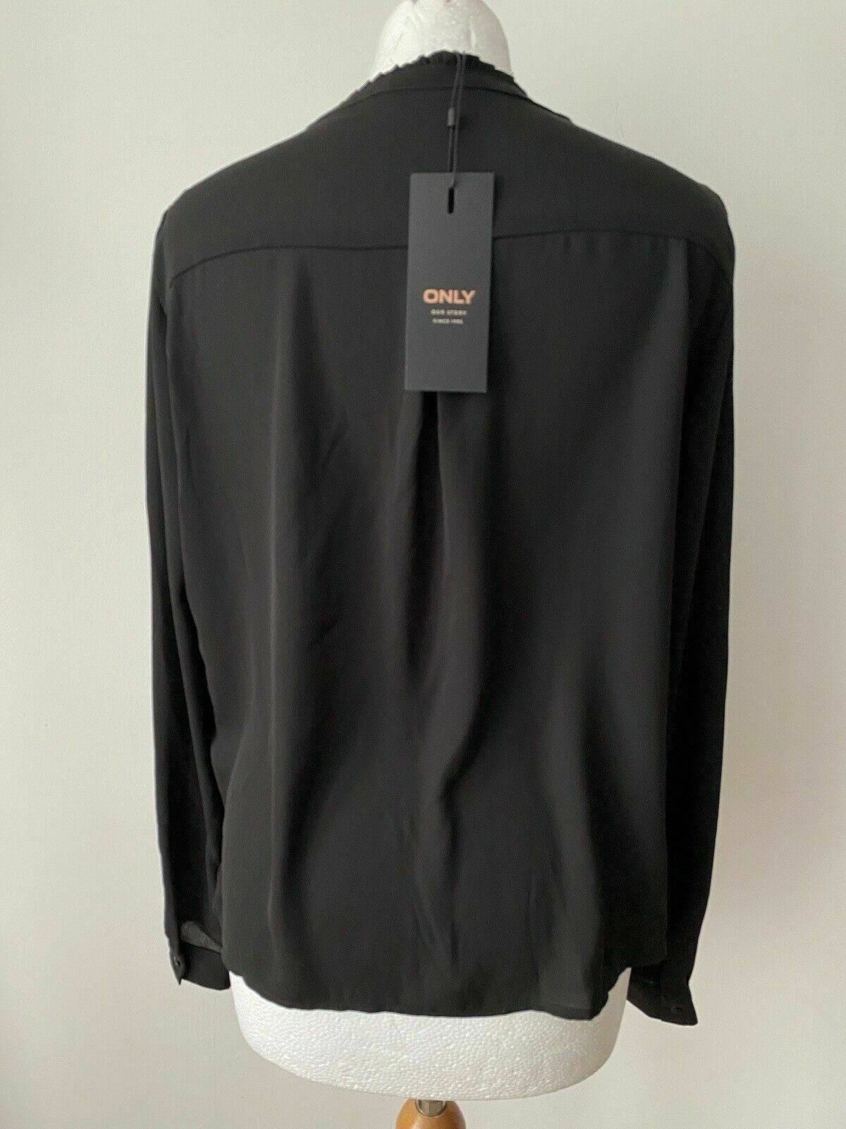 ONLY Pleat Flounce Black Shirt Size 12 Collarless RRP £38 - BB Fashion Outlet