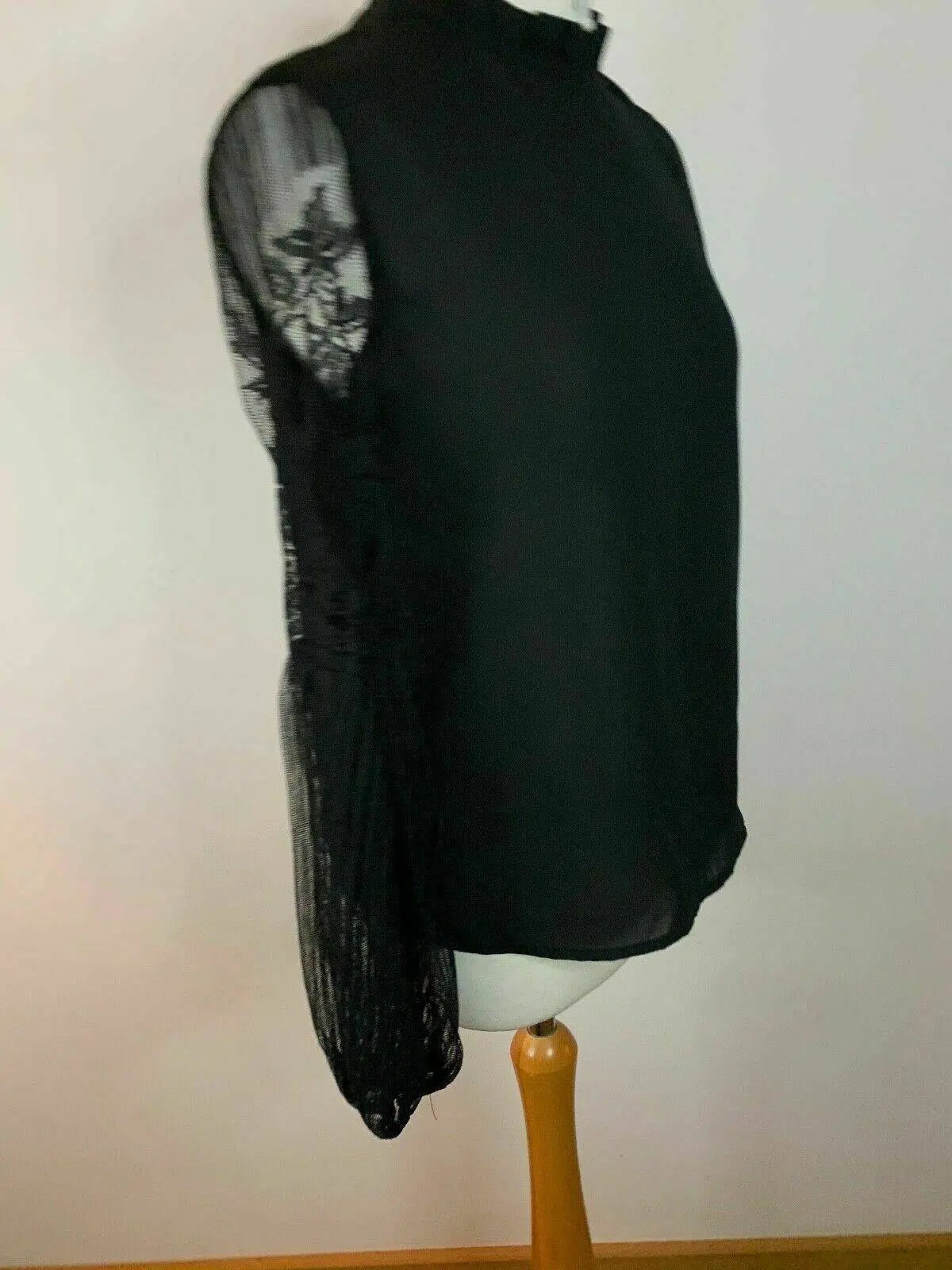SHEIN Black Shell Top Lace Sleeve Frill Neck Size S 8 Balloon Sleeve - BB Fashion Outlet