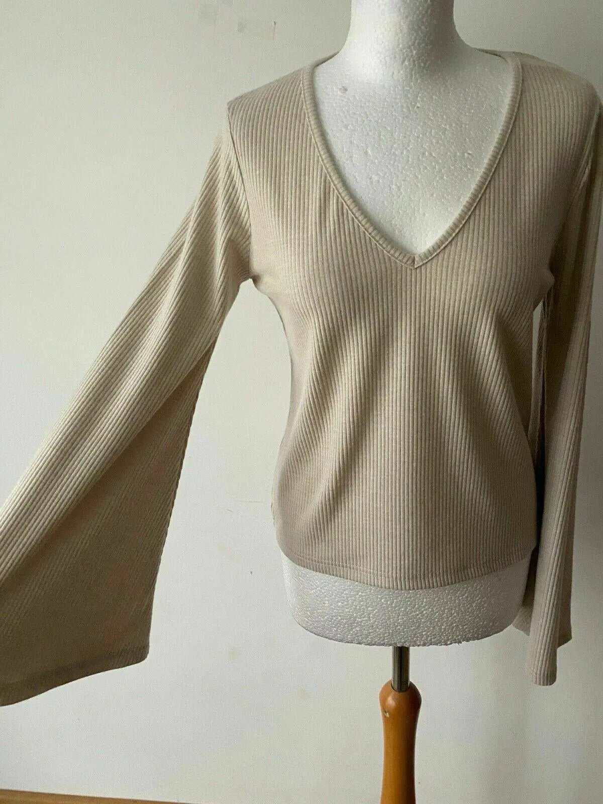 Stacey Solomon V-Neck Ribbed Top Stone Flared Sleeves Sizes 6 10 16 20 22 24 26 - BB Fashion Outlet