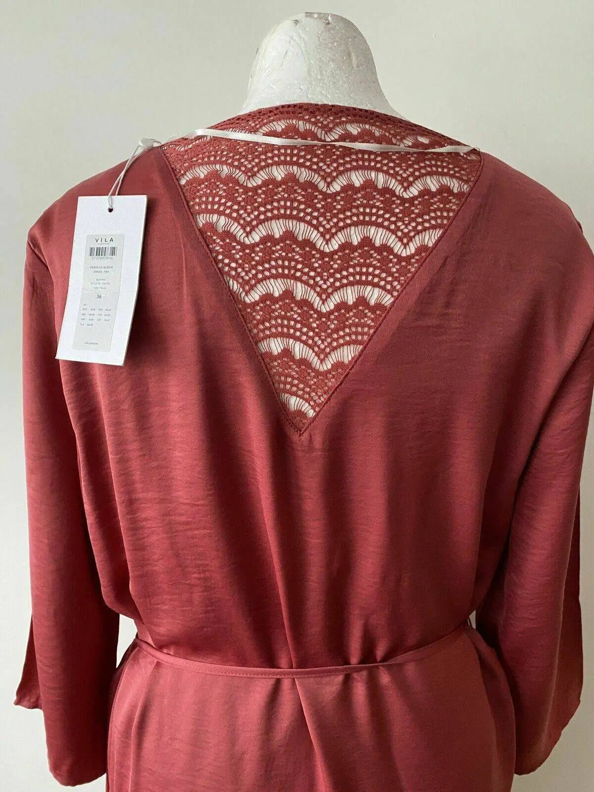 VILA Earth Red Dress 3/4 Sleeve Size 10 / 38 Tie Waist Lace Back - Beagle Boutique Fashion Outlet