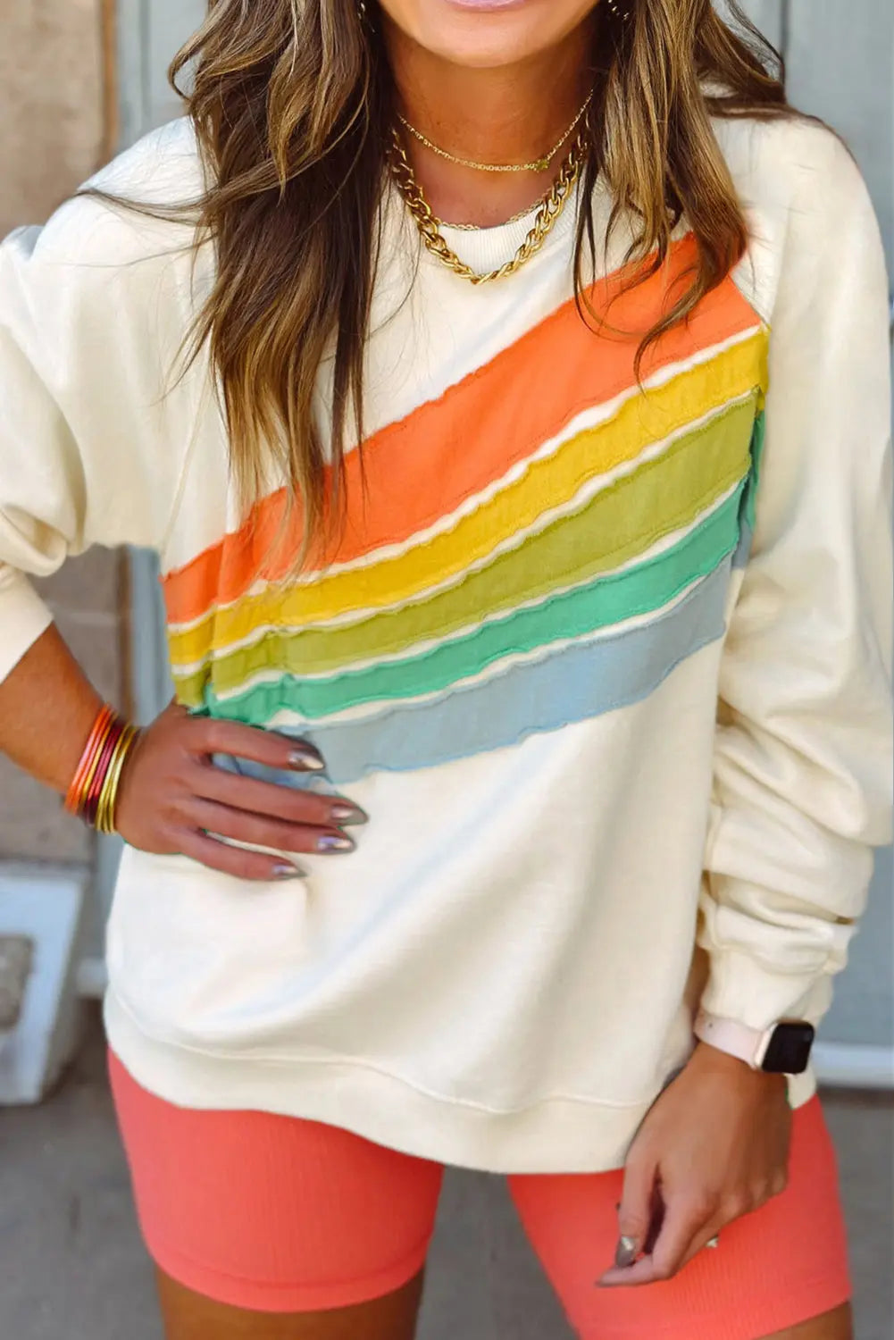 white Rainbow Raglan Sleeve Crew Neck Plus Size Sweatshirt - eAura
